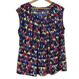 Kasper Women's 1X Sleeveless Abstract Print Pleated Neck Blouse Top‎
